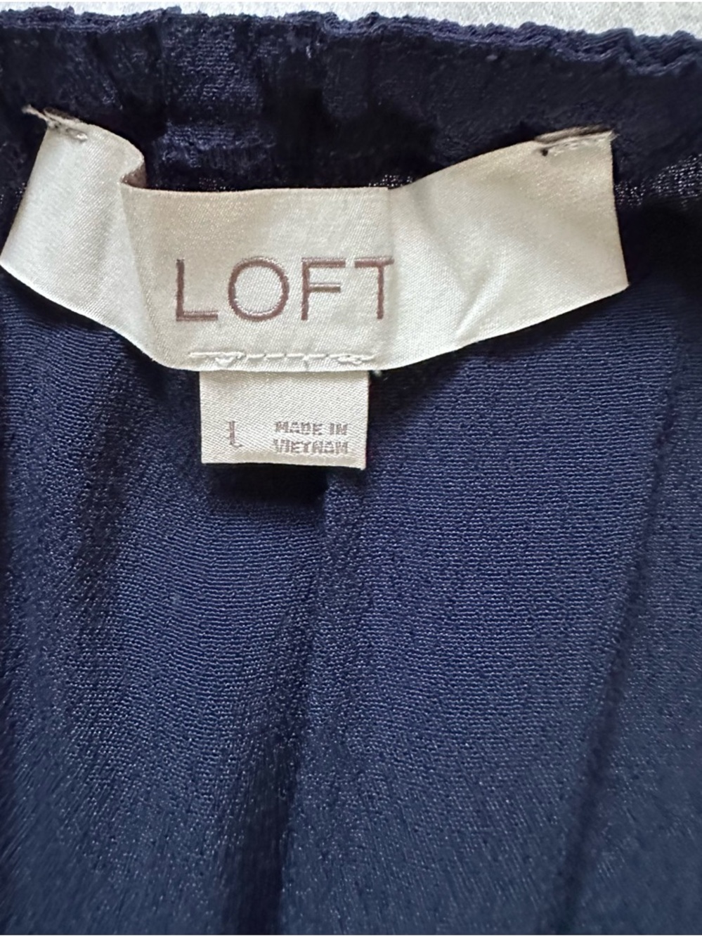 LOFT Navy Sleeveless Wide Leg Jumpsuit Ruffle Trim Smocked Waist Size Large - Picture 7 of 11